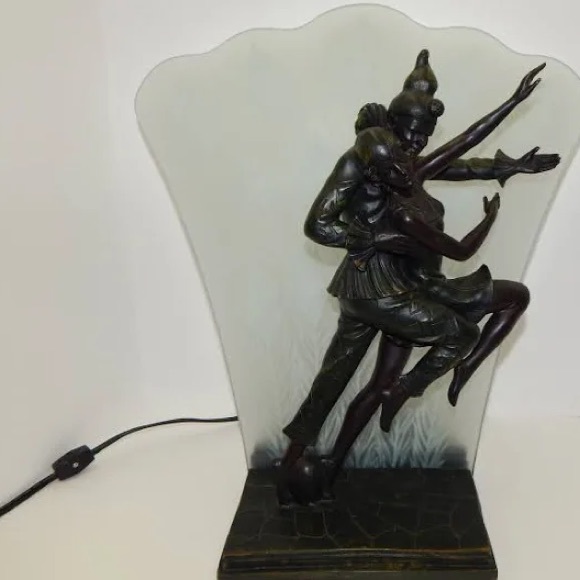 Vtg Art Deco Harlequin & Ballerina Lamp Cast Bronze Style Peacock - Picture 5 of 9